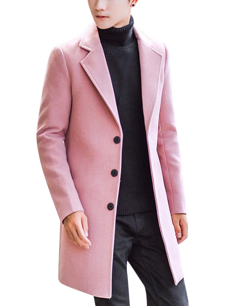 Springrain Men's Wool Blend Pea Coat Notched Collar Single Breasted Overcoat Warm Winter Trench Coat(Pink-M) - Image 1